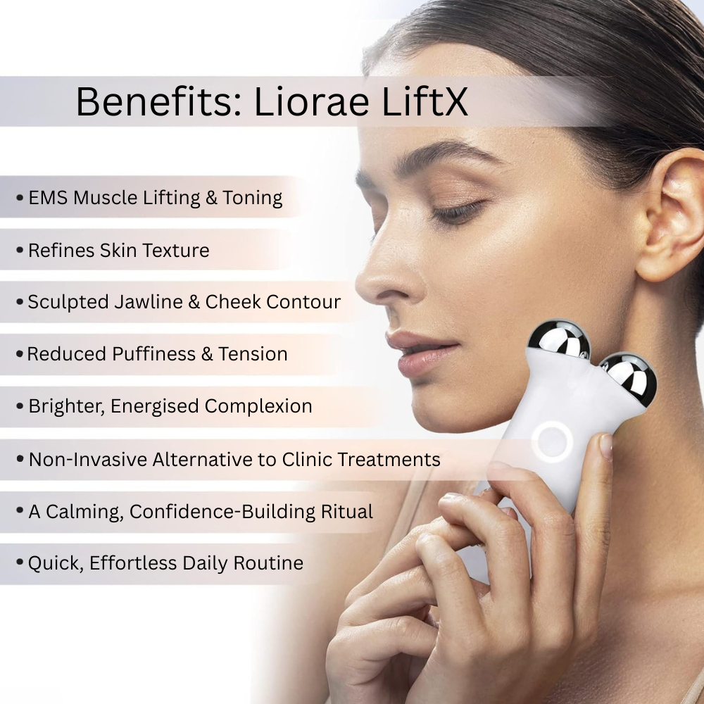 Woman using LiftX EMS device on cheek area and benefits listed