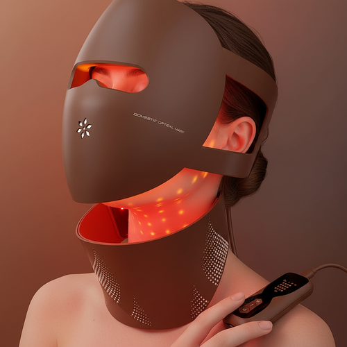 Woman wearing Luma9 LED mask at home